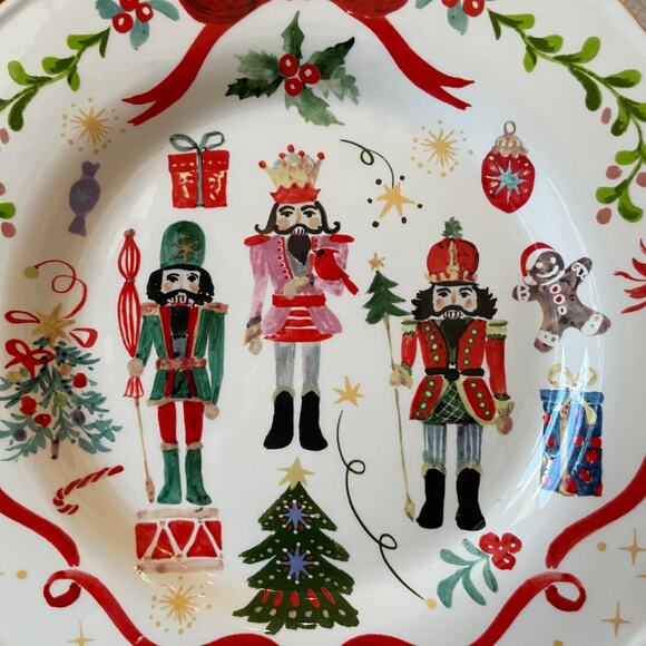 Christmas NUTCRACKER RED BOW Dinner Plates 11" Ceramic Set of 5 Dwell Essentials - Picture 8 of 14